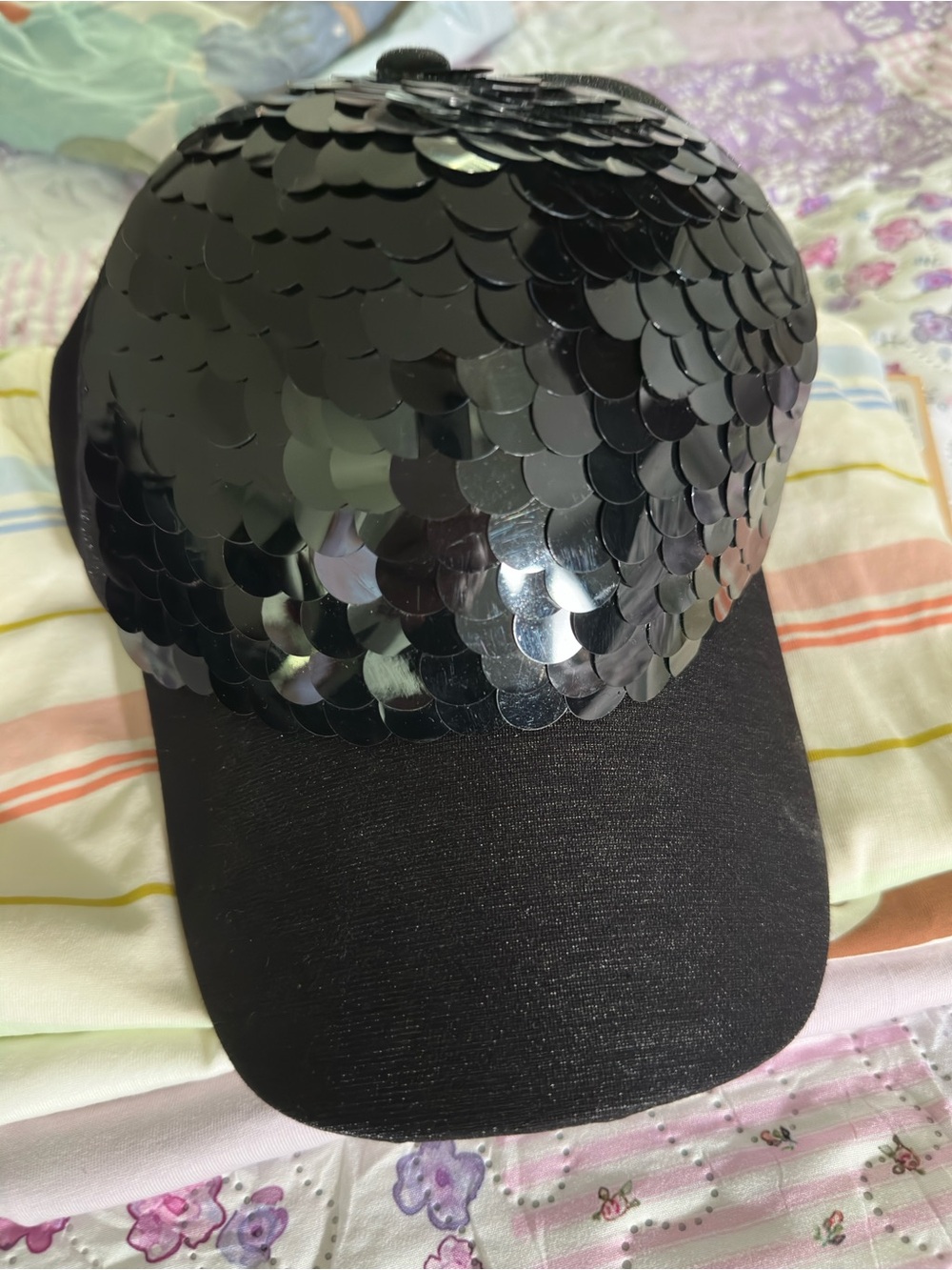 Black Sequin Baseball Cap Party Hat - Shimmering Black Cap